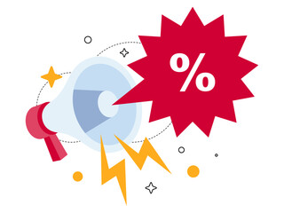 Promotion and discount vector illustration with megaphone and red text box featuring percentage symbol and lightning bolt