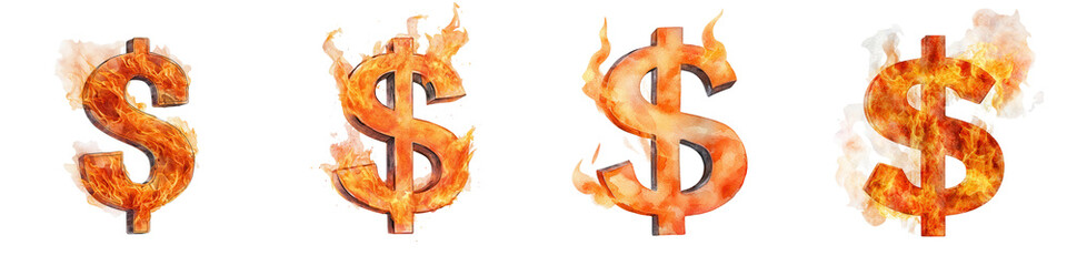 A collection of fiery dollar signs symbolizing wealth, prosperity, and financial success, perfect for business or marketing themes.