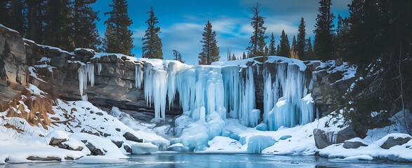 Majestic Frozen Waterfall in Banff National Park Surrounded by Snow-Covered Pines