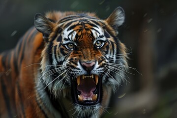 Fototapeta premium The mighty Bengal tiger stands its ground, eyes sharp and fierce, its powerful roar echoing through the foggy jungle. Wildlife thrives in this enchanting habitat