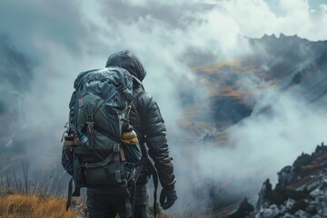 Obraz premium A lone adventurer gazes into the breathtaking wilderness, surrounded by ethereal fog and majestic mountains. The atmosphere is charged with untamed beauty and exploration