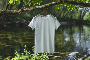 a white t - shirt hanging from a tree next to a river