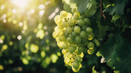 Green Grapes Growing on a Vine in Sunlight with Bokeh Background