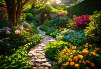 Obraz premium vibrant garden pathways surrounded diverse plant life featuring colorful lush intricate path designs nature enthusiasts, flower, greenery, landscape