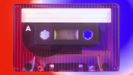 Obraz premium Retro music concept. Radio tape recorder, audio cassette. Vintage neon lighting. 3d illustration