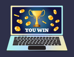 Winner award. Gold coins. Casino money winning. Computer screen. Online gambling. Golden victory cup. Lottery jackpot. Laptop keypad. Success achievement. Financial profit. Vector concept