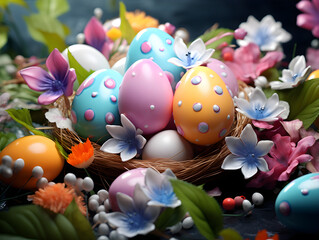 Fototapeta premium A delicate nest cradling vividly colored and intricately decorated Easter eggs, adorned with fresh blossoms and leaves, presenting a charming and festive composition.