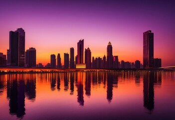 Obraz premium vibrant city skyline reflected water during beautiful sunrise colorful hues illuminating horizon, architecture, buildings, cityscape, dawn, daylight