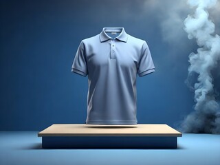 Mockup 3D blue T-shirt polo shirt, Blank collared shirt mockup, front, side and back views, tee design presentation for print, background podium with light smoke, 3d rendering, 3d illustration
