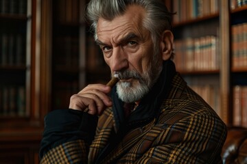 Obraz premium Dressed in a stylish coat, the distinguished older man holds a cigar, gazing intently as he reflects in a well-stocked library filled with vintage books