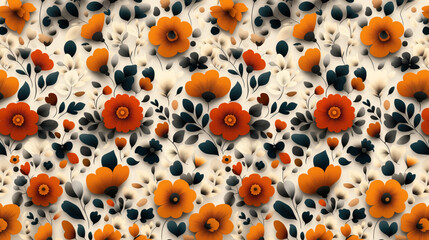 floral pattern with hand-drawn orange and cream flowers and dark green leaves on a neutral background. Elegant botanical design perfect for various applications.