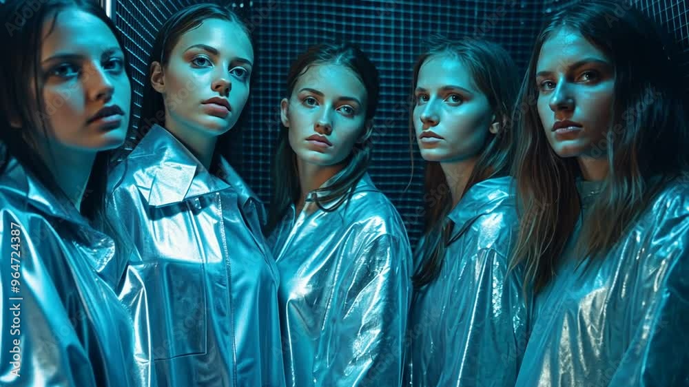 Poster five models in shiny silver coats posing in a unique studio setting generative ai