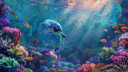 Fototapeta premium vibrant underwater coral reef with colorful fish and sea turtle thriving marine life aigenerated illustration