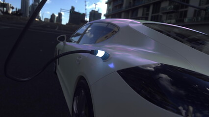 Electric car charging in city. Electric vehicle charging port plugging in car. 3d illustration