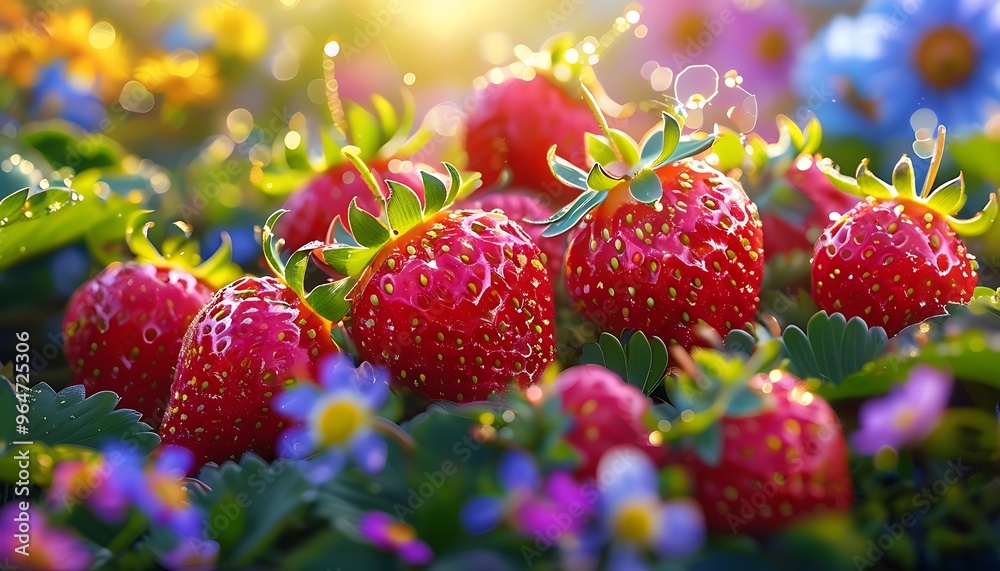 Wall mural fresh and tempting strawberries twinkle in the sun, and the flowers in the background are colorful, 