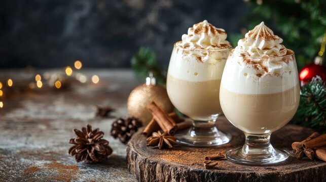 Two glasses of egg nog topped with cinnamon and whipped cream. Milk of the old man, Coquito, Creme de Vie, or Eierlik&ouml;r.
