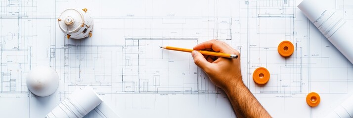 architectural planning with pencil on blueprint, creative design process