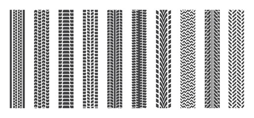 Tire track. Wheel tread pattern, car truck or tractor brand of motorcycle or bicycle. Black road print, soil. Vector motocross rally texture, automobile trace ornament isolated silhouette set
