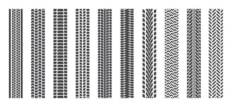 Tire track. Wheel tread pattern, car truck or tractor brand of motorcycle or bicycle. Black road print, soil. Vector motocross rally texture, automobile trace ornament isolated silhouette set