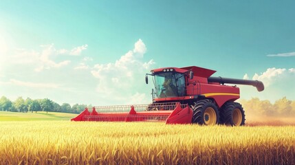 Obraz premium Modern Combine Harvester in Golden Wheat Field