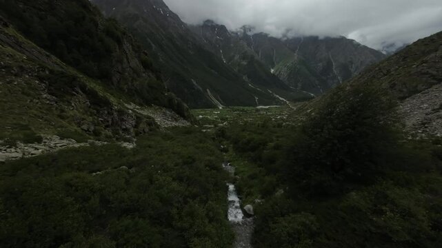 FPV Shot of last village of India Chitkul, Indo Tibet Border. Village arial shot and mountains view