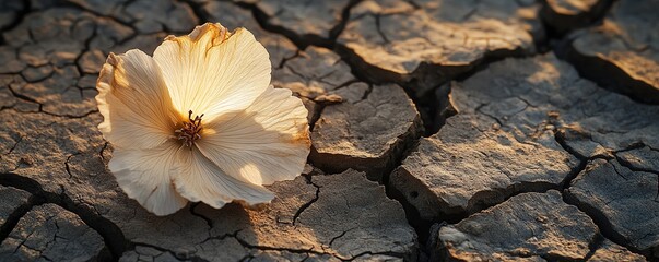 A delicate white flower resting on dry, cracked earth, symbolizing resilience and beauty in harsh conditions.