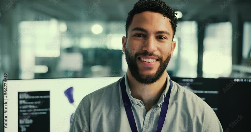 Aufkleber computer, portrait and of man in prosthetic design with confidence, innovation and ai research on ta