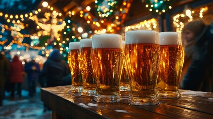 Glasses of beer on a wooden countertop at a christmas market, with festive lights and people in the background