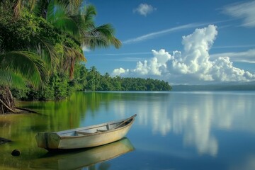 Obraz premium A small white boat is floating on a calm lake. The sky is blue with some clouds. The scene is peaceful and serene