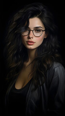 Fototapeta premium A striking image of a woman with wavy dark hair and glasses, posing against a dark background. She embodies sophistication and mystery, delivering a powerful visual impact.