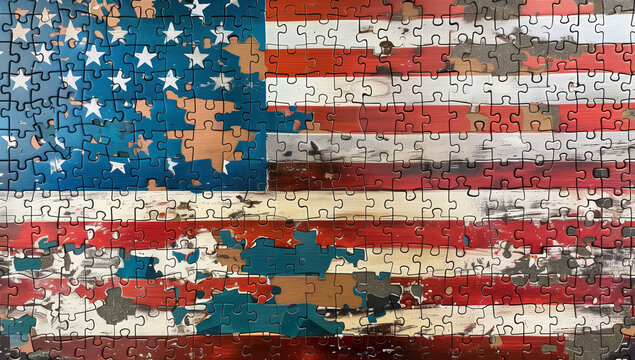 Jigsaw puzzle of the American flag. The flag is in pieces and the puzzle is made of wood - Powered by Adobe