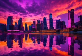 Obraz premium vibrant city skyline dusk illuminated bright lights showcasing dynamic architecture scenic beauty, buildings, cityscape, evening, glowing, horizon