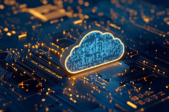 AI technology cloud computing floating above an array of digital blocks data