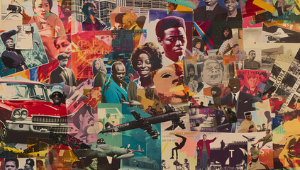Artistic collage combines images of iconic black figures in history, baseball players sports stars or meticulously drawn cars or planes in bold vibrant colors.