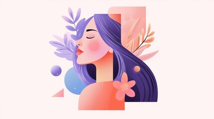 Serene woman illustration with abstract shapes and nature elements. Modern colorful art design.