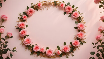 A pink circular frame with delicate pink roses arranged around the edges, set against a soft pink background