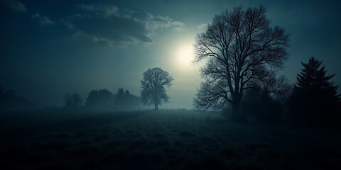 A misty, moonlit landscape with silhouettes of bare trees standing starkly against the soft, pale light of the moon