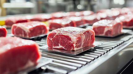 Modern production line of pork meat in automated factory setting