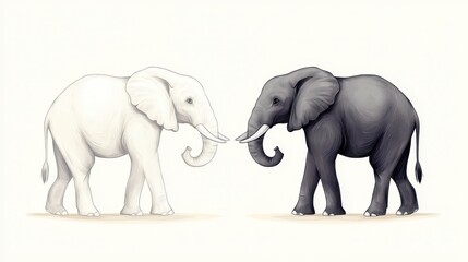 Obraz premium Two elephants standing next to each other, one white and one black