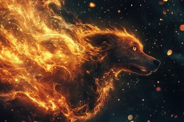 A playful fire pup with flames swirling around it, the dog's fur glowing with embers, creating a magical and heroic atmosphere