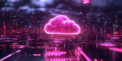 3D illustration of glowing cloud icon floating above an array of digital blocks AI technology