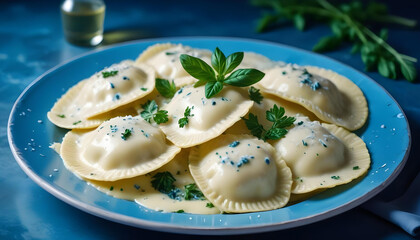 A plate of freshly cooked ravioli pasta with a creamy sauce, garnished with fresh herbs and grated cheese
