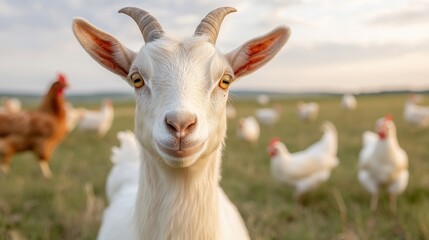 Obraz premium A goat is standing in a field with chickens