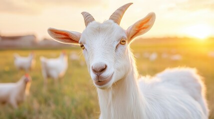 Obraz premium A goat with horns is standing in a field with other animals