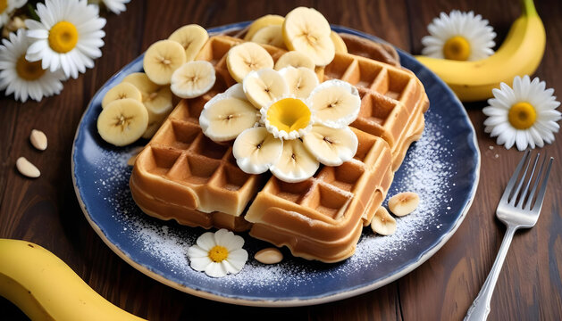 A plate of golden brown waffles topped with sliced bananas, almonds, and powdered sugar, with a white daisy flower in the background