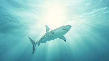 Fototapeta premium A shark is swimming in the ocean with the sun shining on it