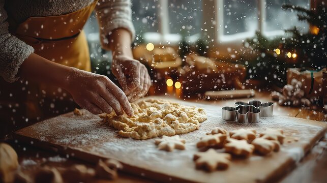 Person shaping Christmas cookies in cozy, snowy kitchen, surrounded by festive lights, brings warmth and holiday joy with homemade treats and nostalgic baking moments.