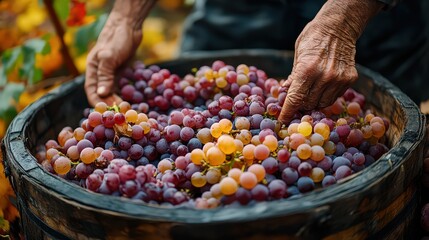  Hands sorting freshly harvested grapes into a barrel, highlighting the grape harvest process and the vibrant colors of autumn.