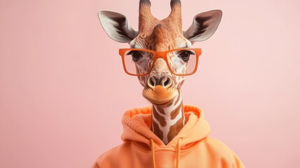 A giraffe wearing glasses and a hoodie