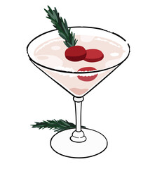 Christmas frozen martini cocktail. Holiday  drink with cranberries. Isolated vector illustration drawing.